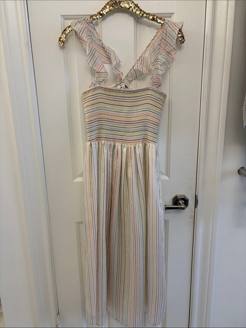Madewell Cream Maxi Dress with Pastel Rainbow Stripes